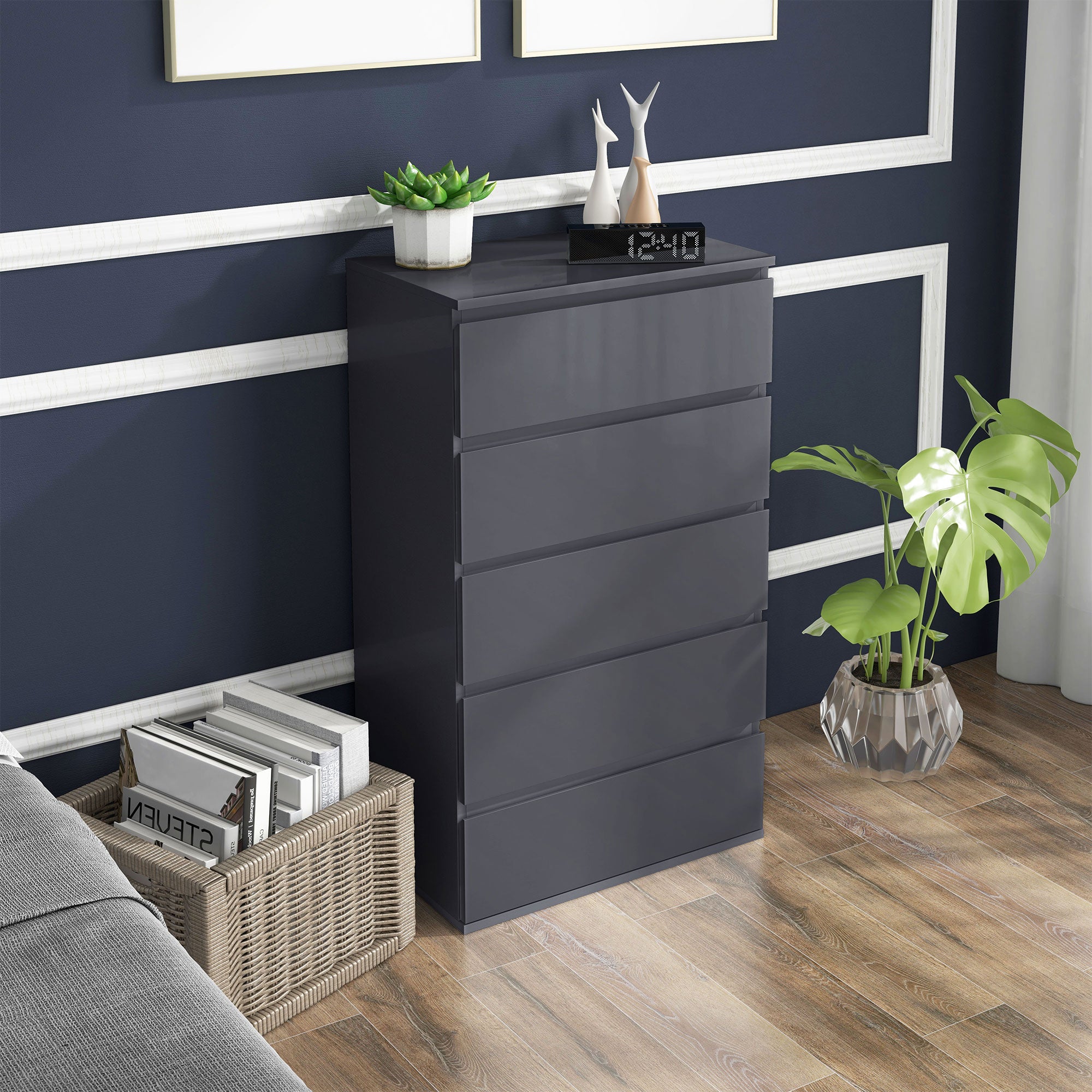5-Drawer Modern Dresser, High Gloss Storage Drawer Unit for Bedroom, Grey