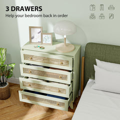 Chest of Drawers, 4-Drawer Storage Organiser Unit with Rattan Element for Bedroom, Living Room, Light Green