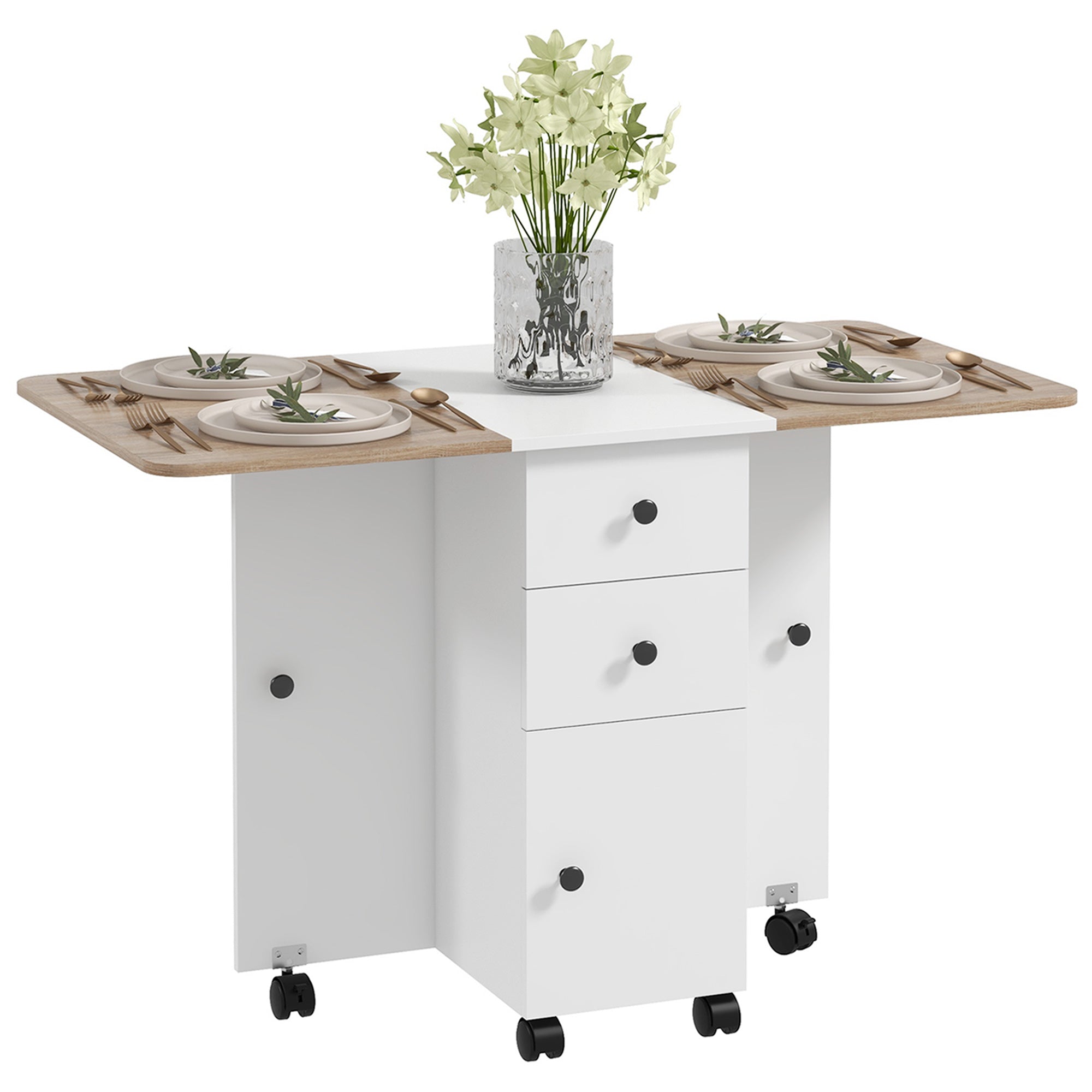 Multi-Storage Six-Person Drop Leaf Dining Table - Oak and White