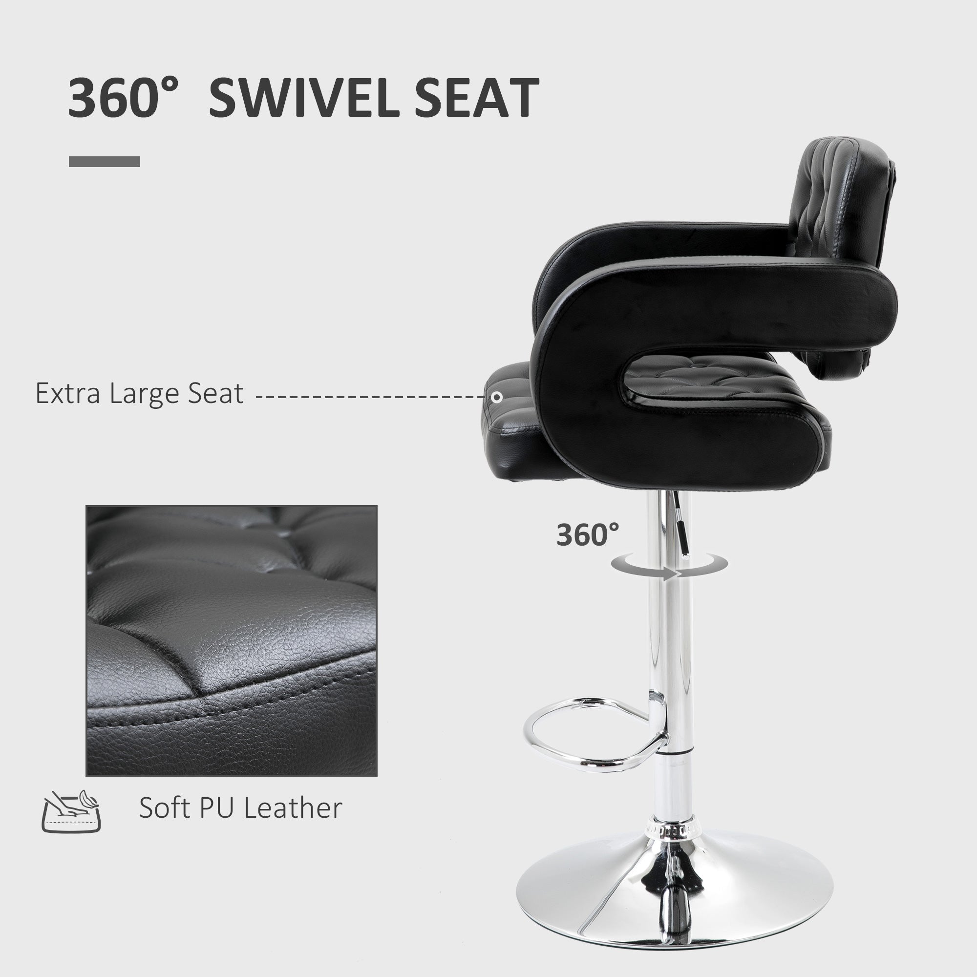 PU Leather Upholstered Swivel Bar Stool, Height Adjustable with Back, Armrest, Footrest, Black