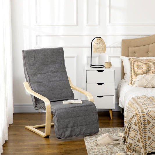Wooden Armchair, Upholstered Linen Lounge Chair with Adjustable Footrest & Removable Cushion, Poang Chair for Living Room, Dark Grey