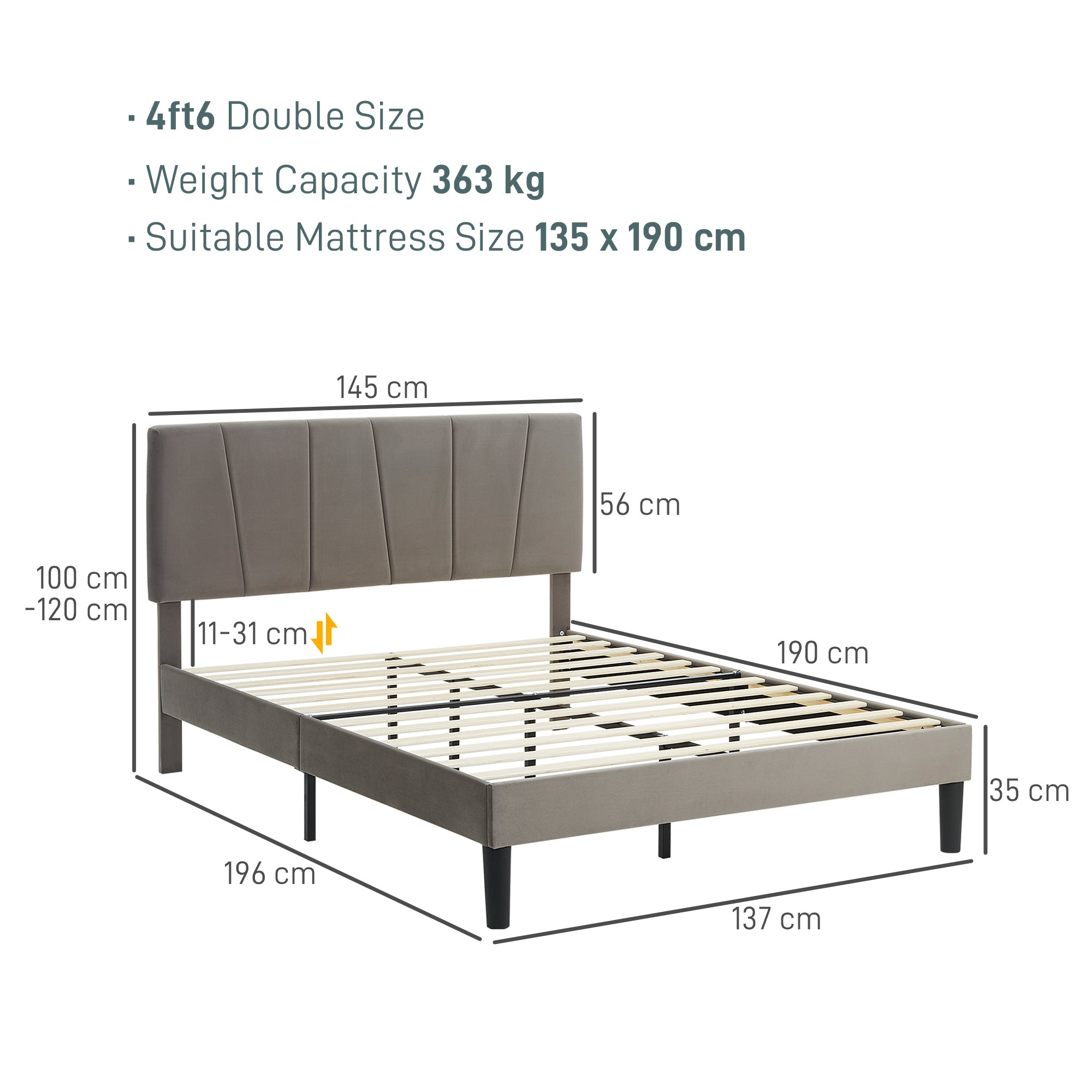 Double Bed Frame, with Velvet-Feel Headboard - Grey