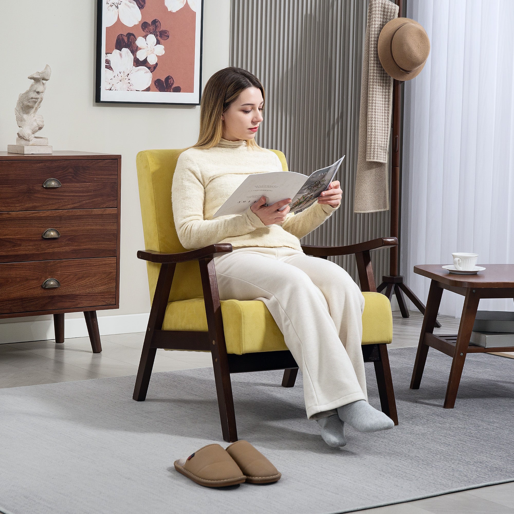 Nordic Accent Chair, Upholstered Velvet Armchair with Solid Wood Frame and Soft Thick Padded for Living Room, Bedroom, Champagne