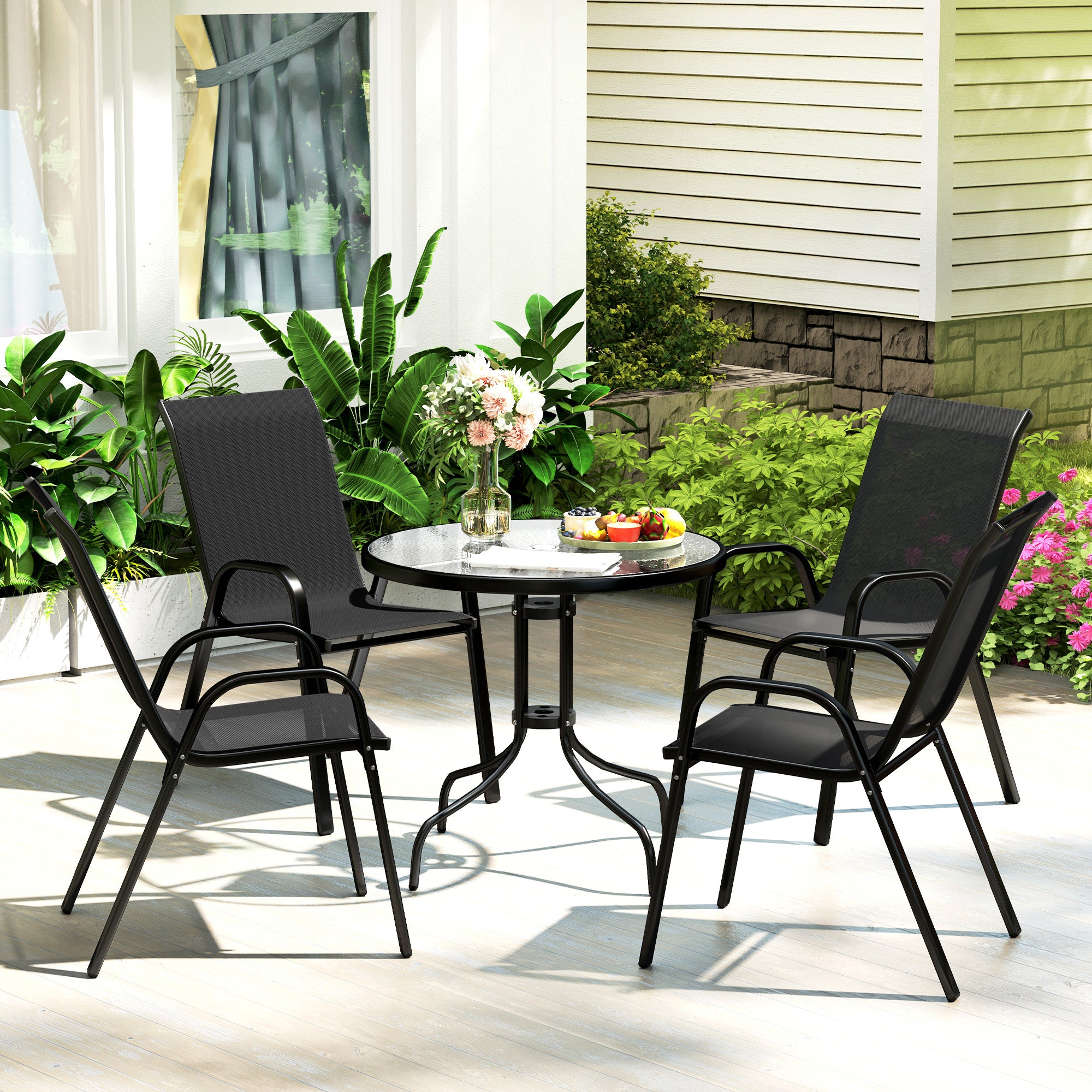Five-Piece Steel Patio Set, with Glass-Top Table - Black
