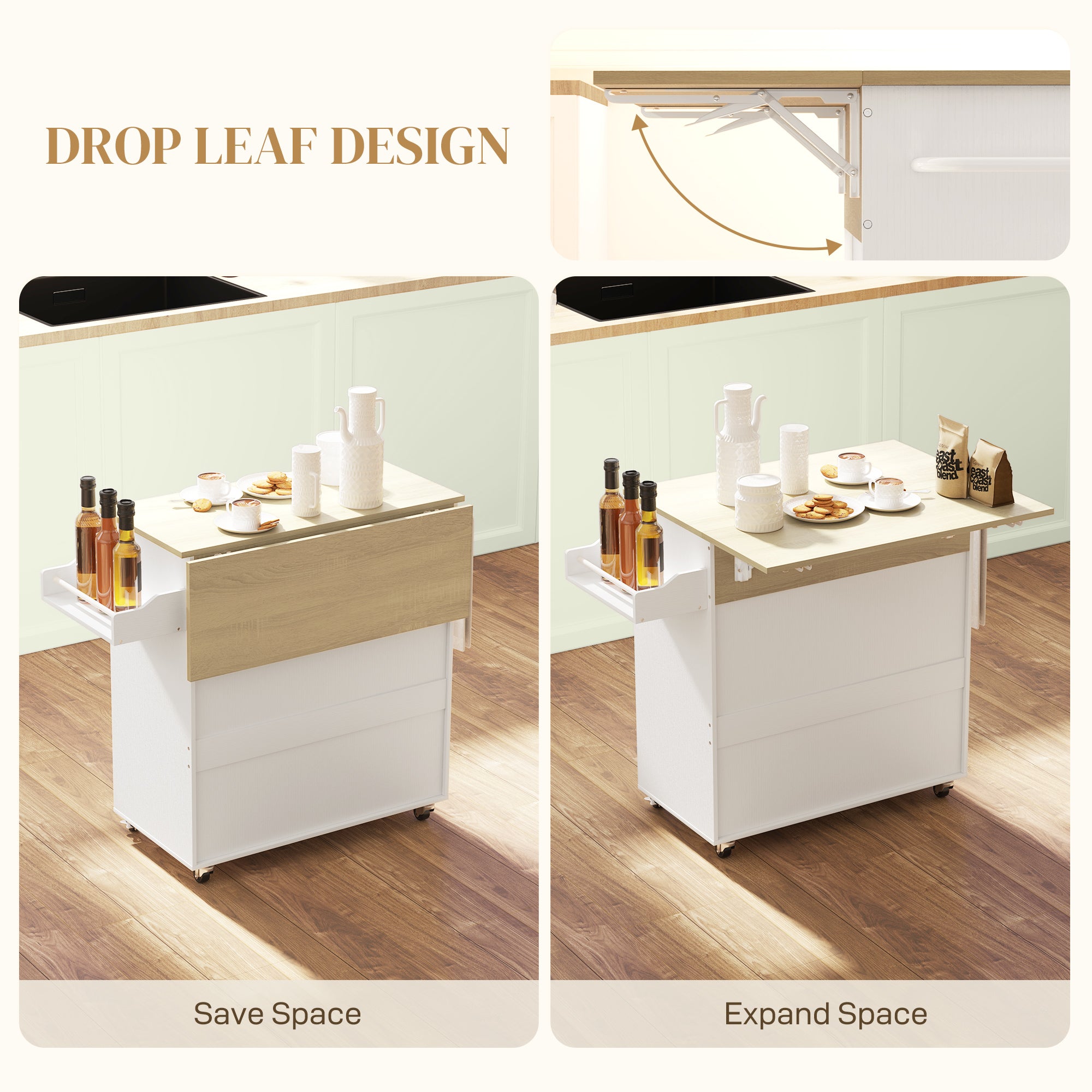 Fynco - Rolling Kitchen Island with Drop Leaf, Kitchen Storage Cart with Drawer, Spice Rack and Towel Rack, White