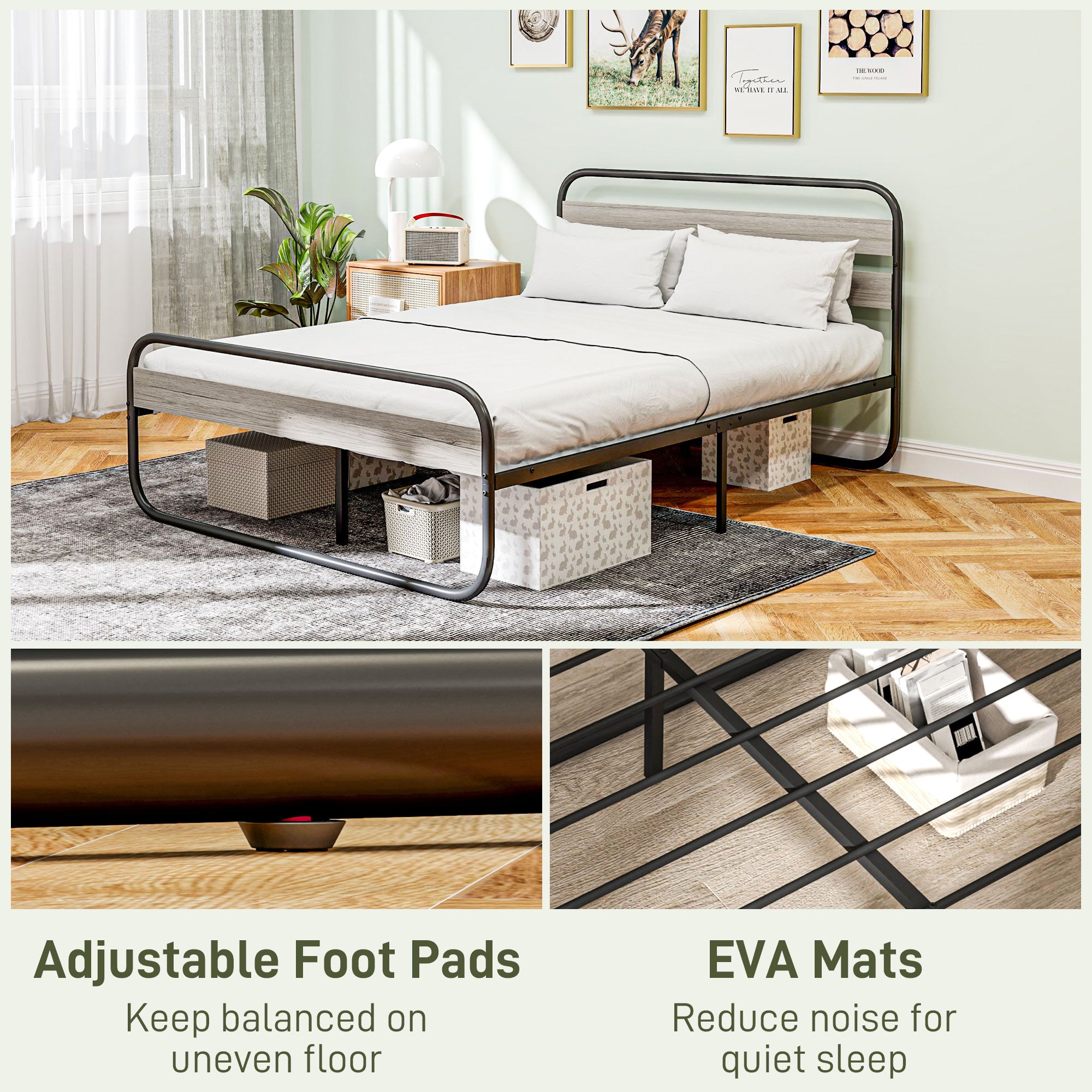 4ft6 Double Bed Frame, Industrial Style Metal Platform Bed Frame with Under Bed Storage, No Box Spring Needed, Easy Assembly, Grey