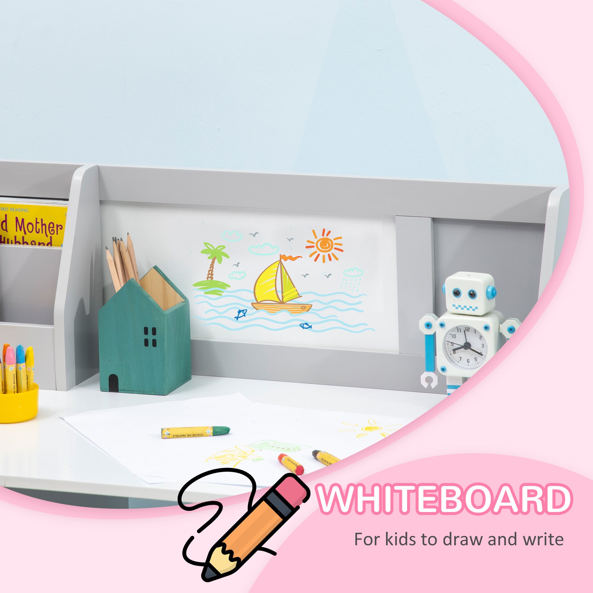 Kids Table and Chair Set w/ Whiteboard - Grey