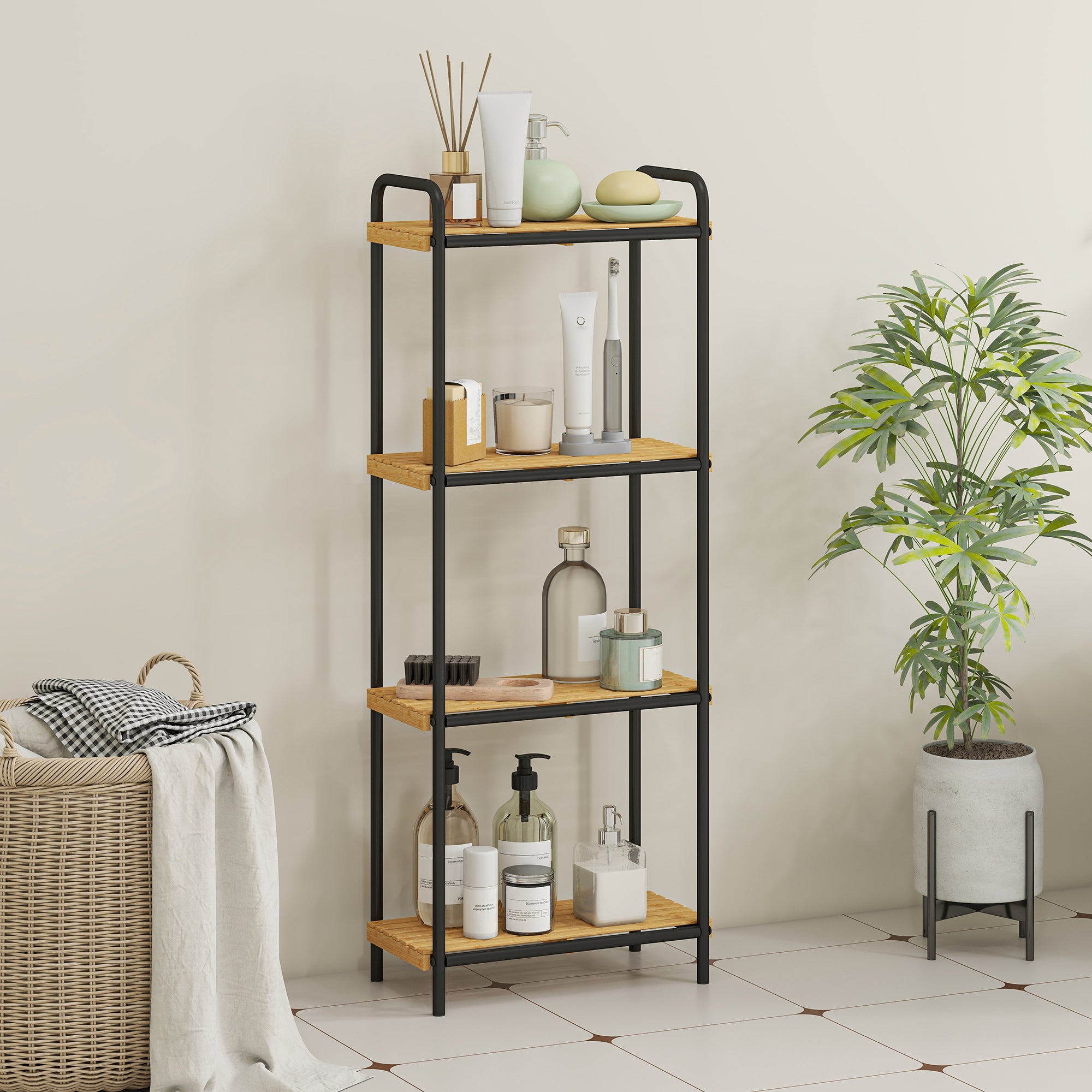 Fynco - 4-Tier Bamboo Bathroom Storage Shelf, Freestanding Narrow Shelving Unit with Slatted Shelves for Kitchen Bathroom Living Room, 41.5 x 21.5 x 106 cm, Natural and Black