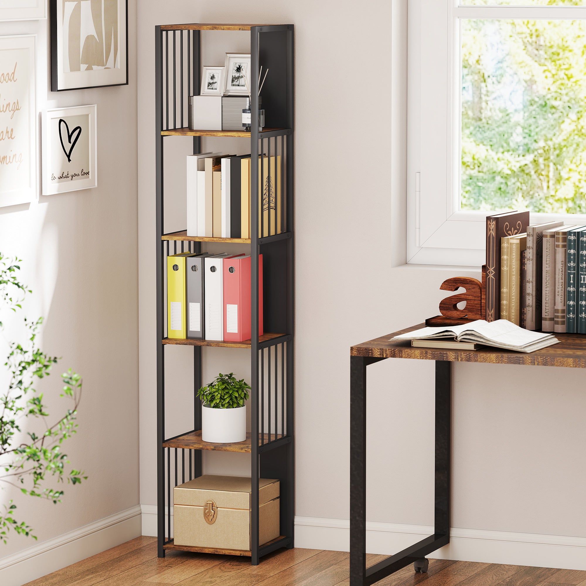 Fynco - 5-Tier Bookshelf with Steel Frame - Rustic Brown
