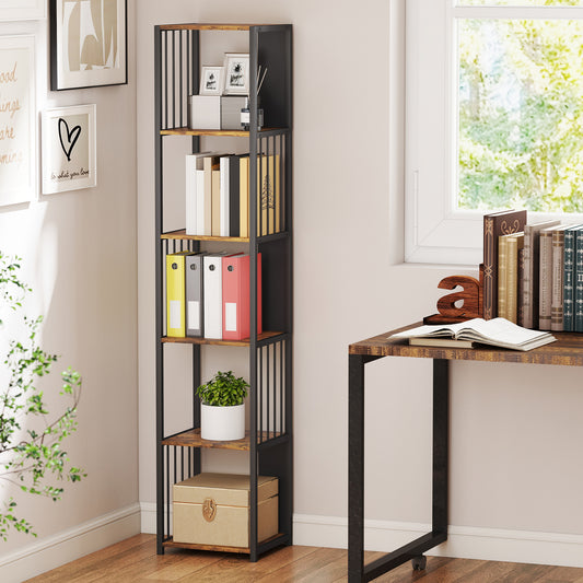 Fynco - 5-Tier Bookshelf with Steel Frame - Rustic Brown