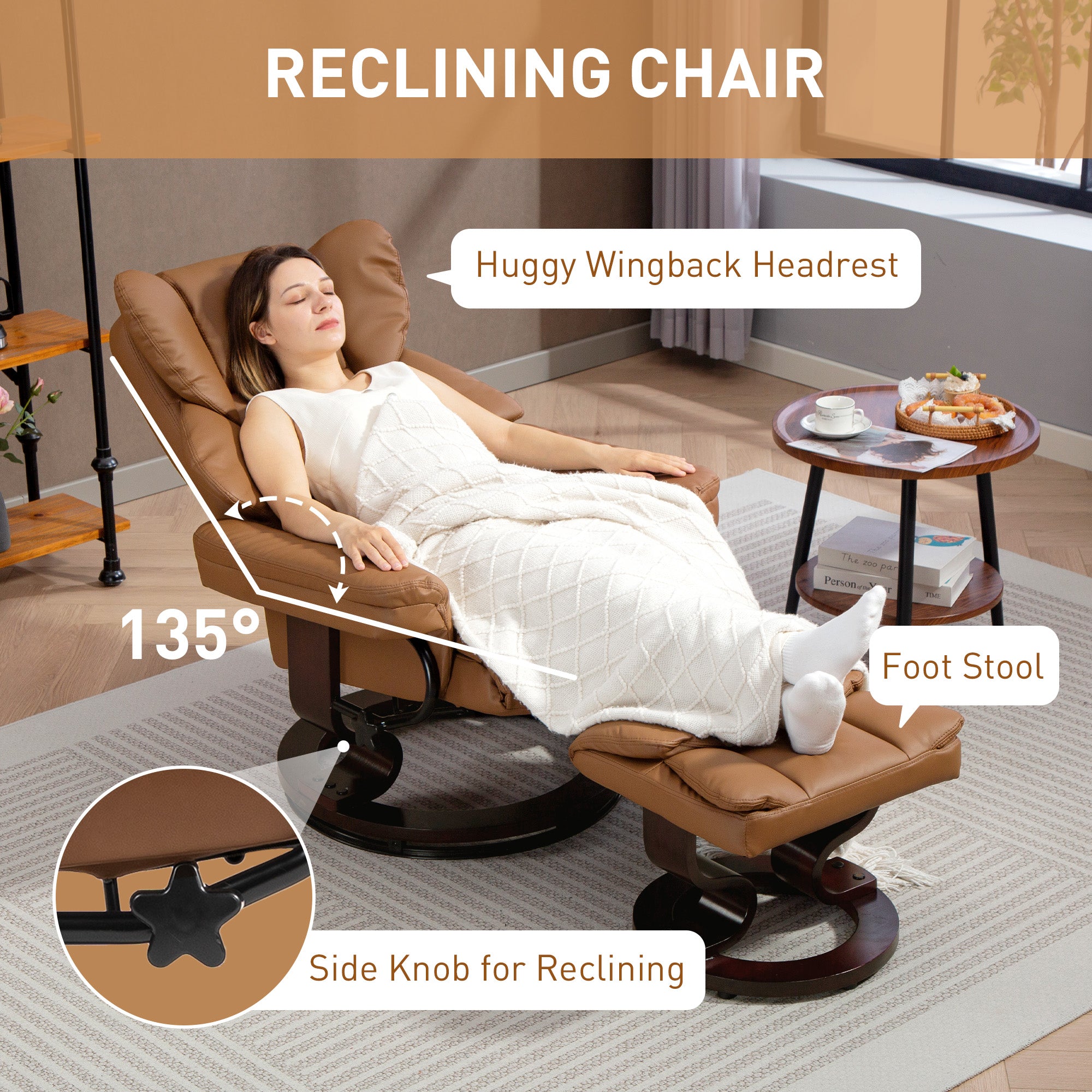 Fynco - Faux Leather Reclining Chair and Footstool - Brown