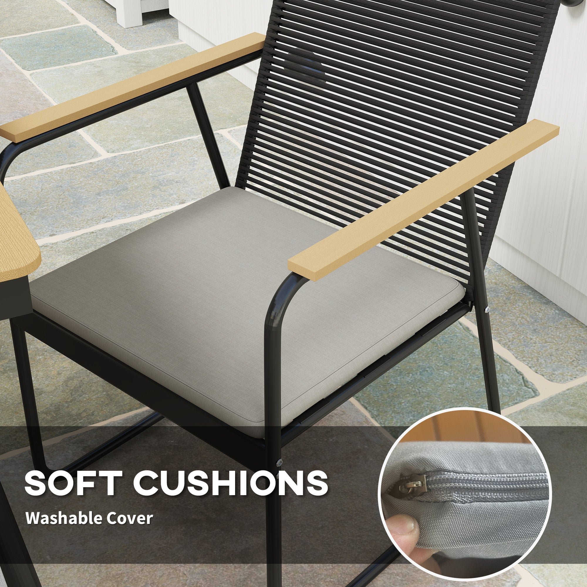 6 Seater Garden Dining Set with Soft Cushions, Rattan Backrest, Rectangular Plastic Top, Garden Furniture Set, Outdoor Dining Table and Chairs for Patio, Balcony, Poolside, Nature Wood Finish