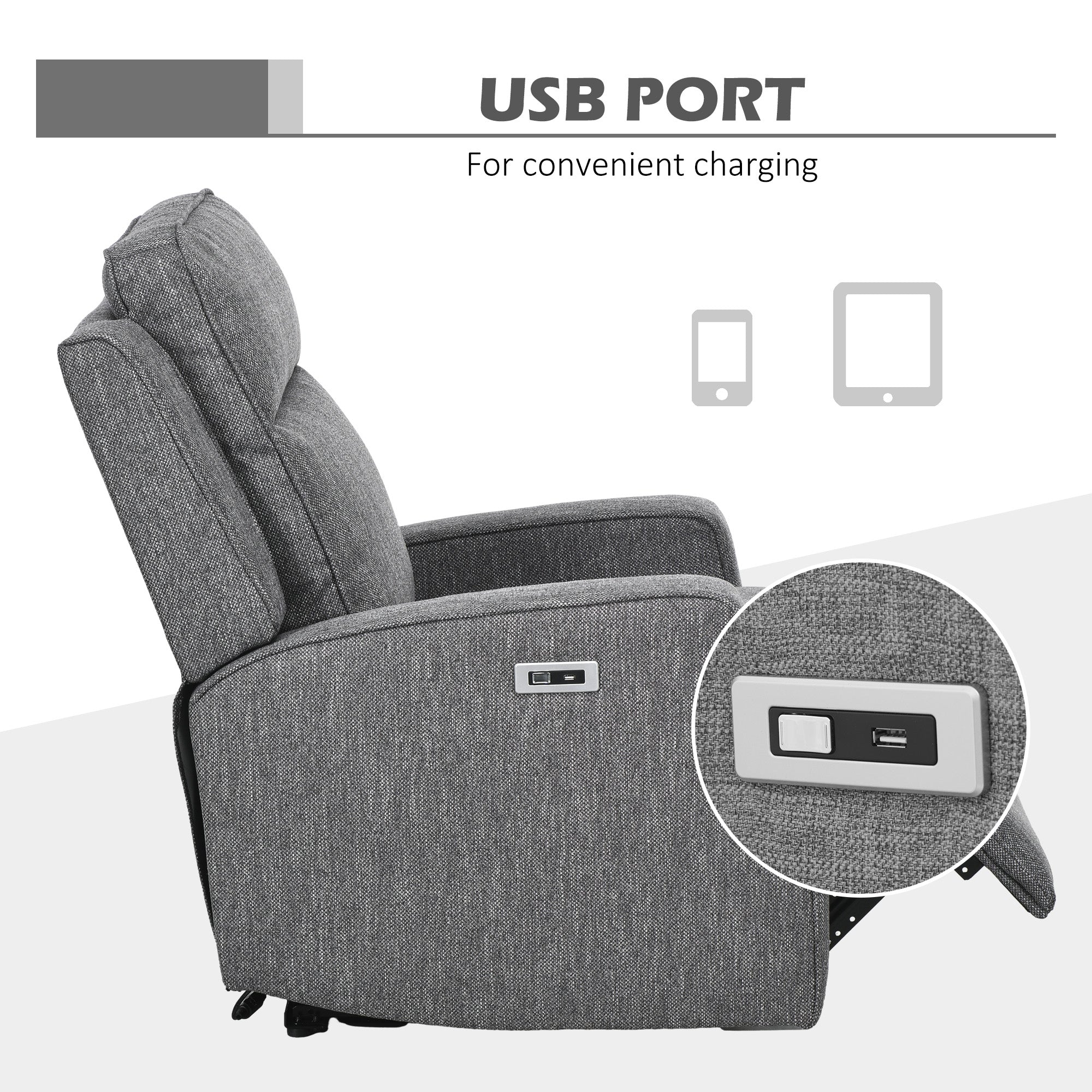 150° Electric Reclining Chair, with USB port and Footrest - Charcoal Grey