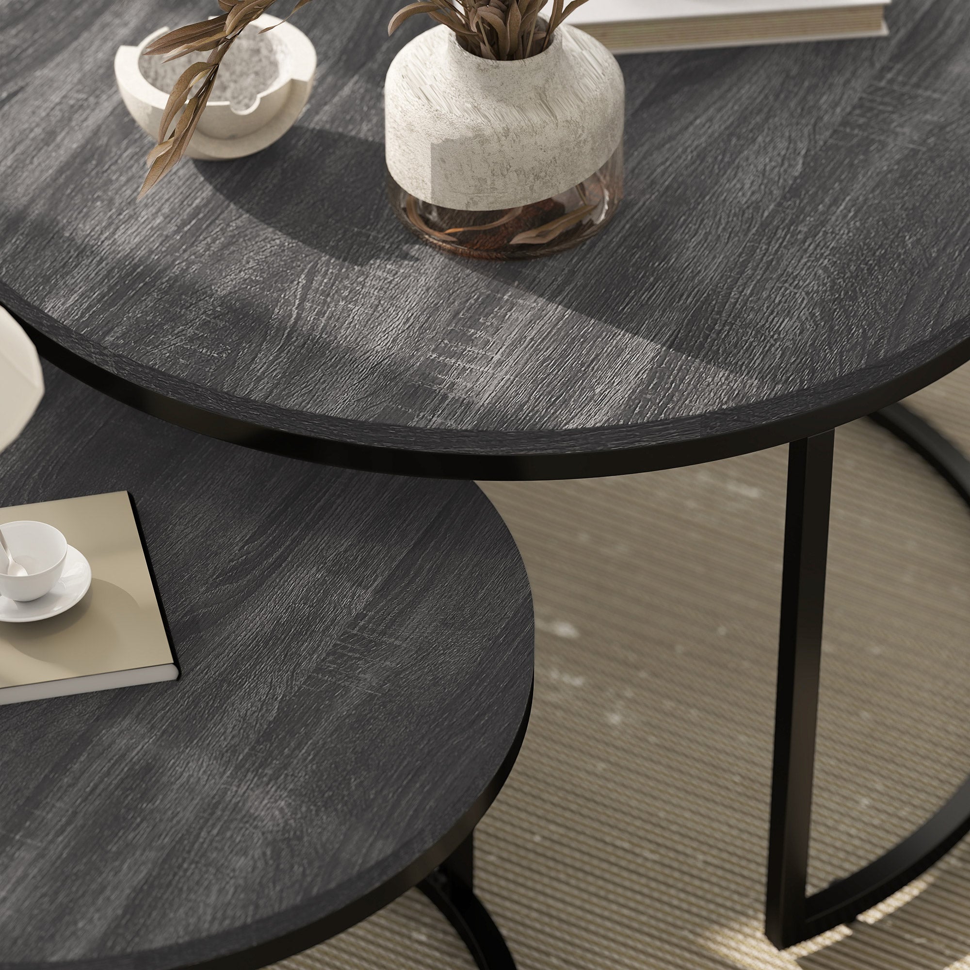 Set of Two Marble-Effect Stacking Tables - Black