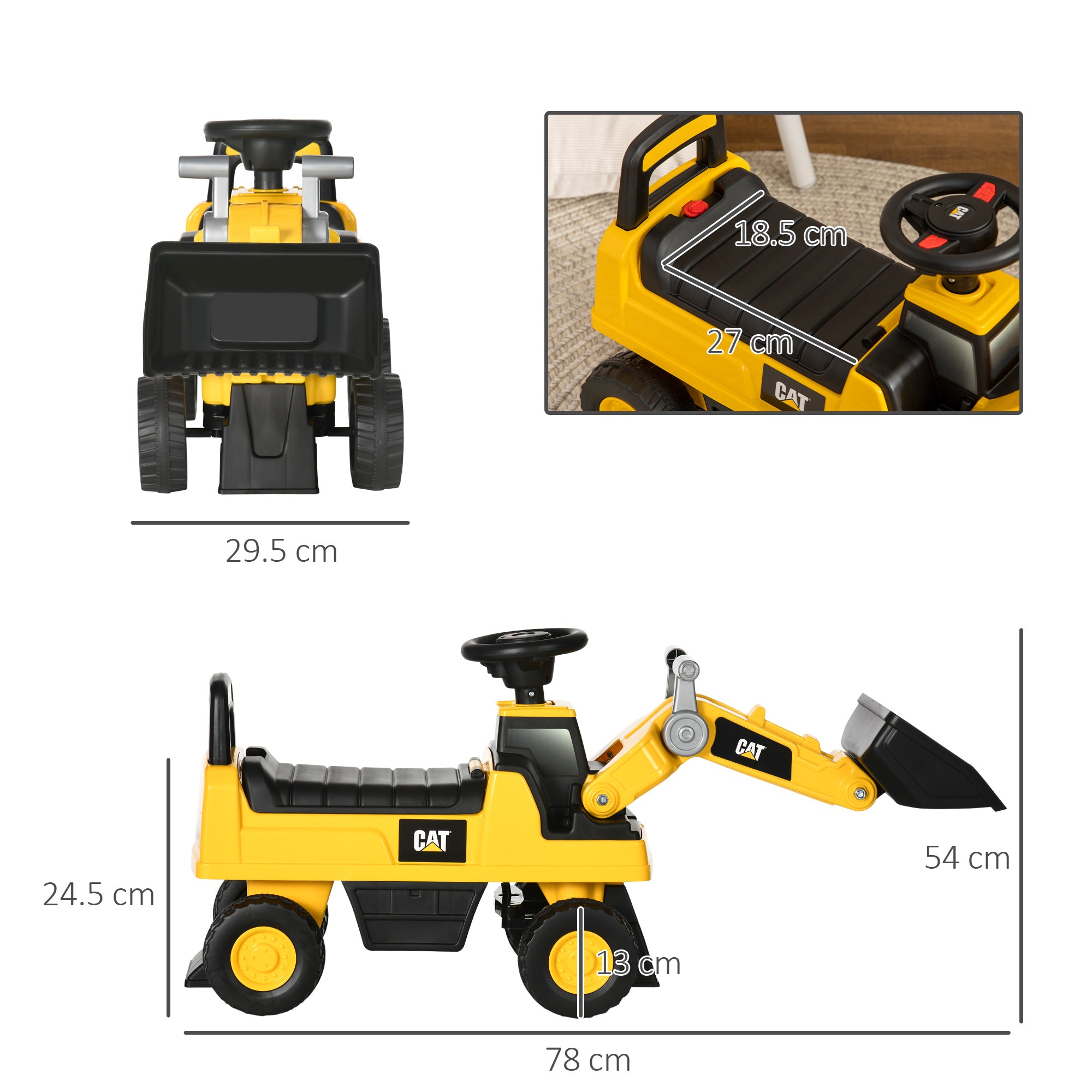 CAT Licensed Kids Construction Ride-On Toddler Digger Excavator Foot-To-Floor Ride-On Toy w/ Manual Shovel, Horn, Hidden Storage, for Ages 1.5-3 Years