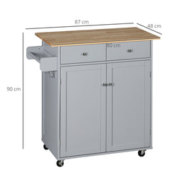 Rolling Kitchen Island on Wheels, Utility Serving Cart with Rubber Wood Top, Towel Rack, Hooks and Storage Drawers, Grey