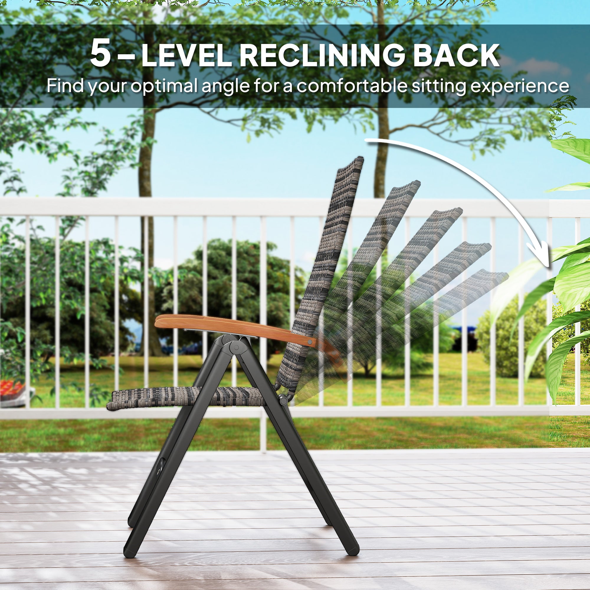 Folding Rattan Garden Dining Chair with 5-level Reclining High Back, Wood Armrests for Outdoor, Patio - Mixed-grey