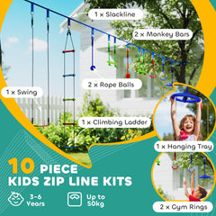 AIYAPLAY 10-Piece Zip Line Kit for Kids with 10m Slackline, Monkey Bars, Swing, Climbing Ladder, Hanging Tray, Metal Rings