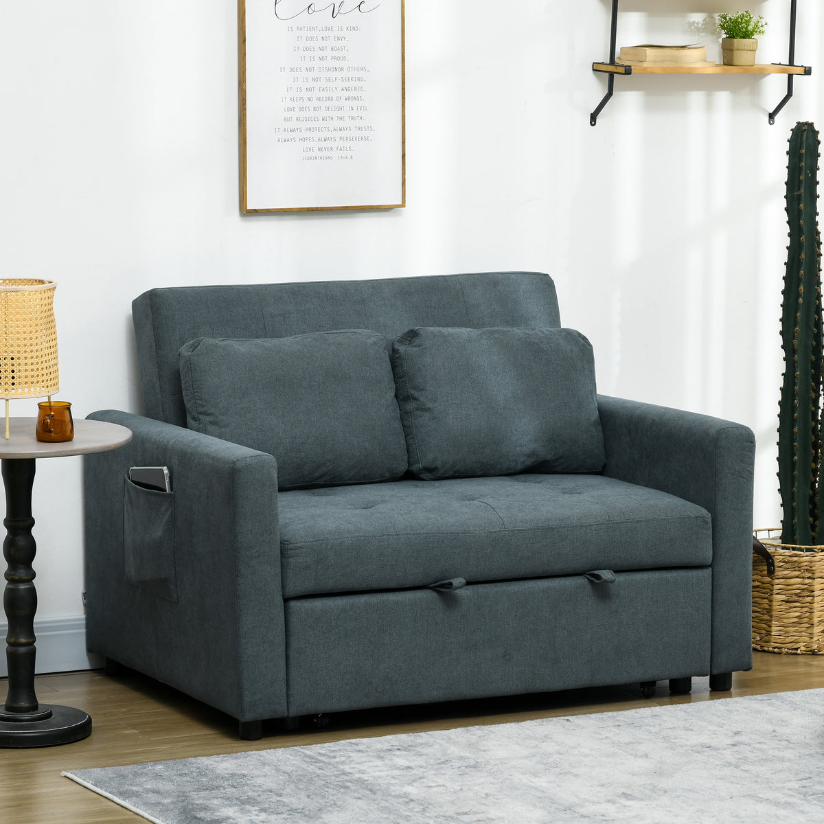 Loveseat Sofa Bed, Convertible Bed Settee with 2 Cushions, Side Pockets for Living Room, Charcoal Grey