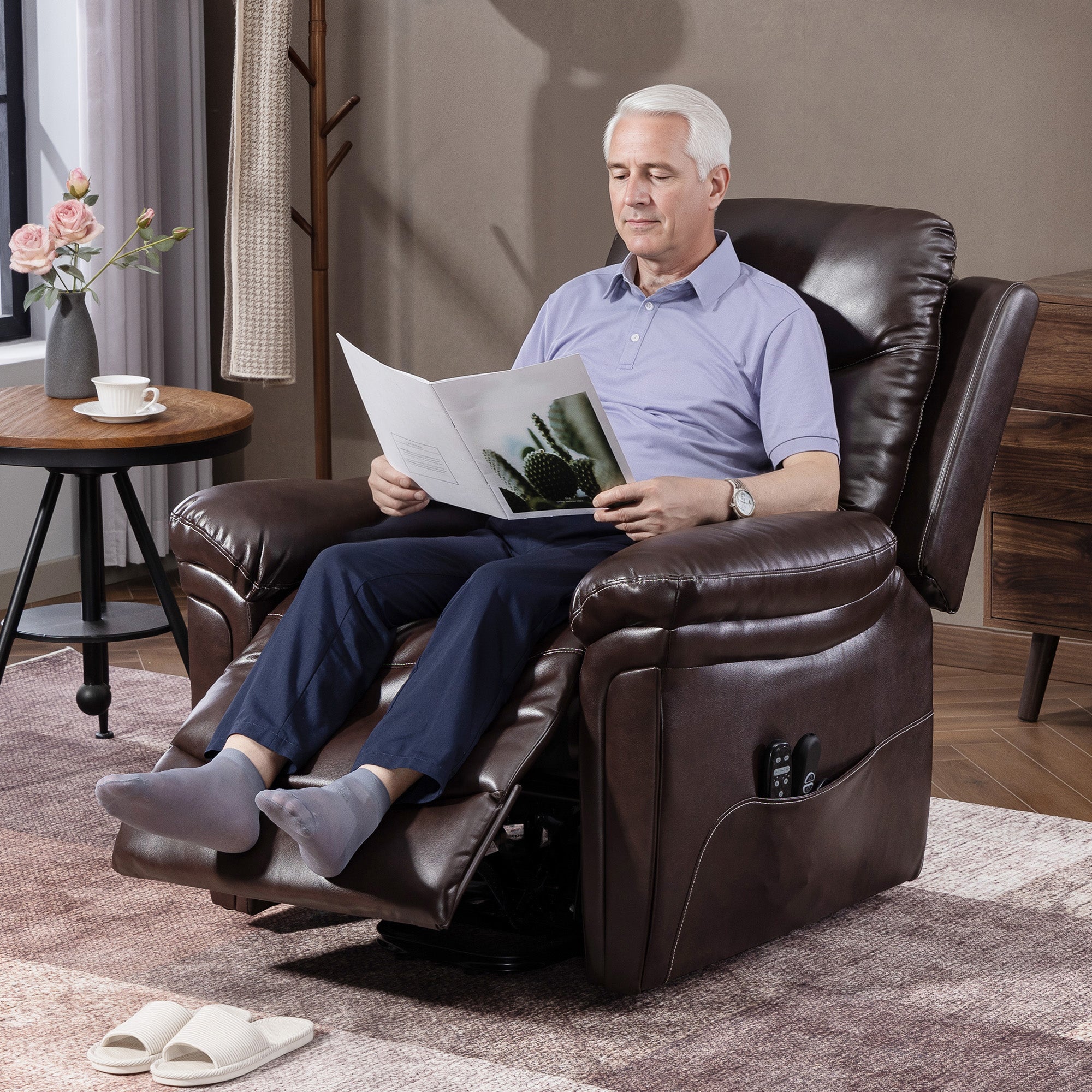 Fynco - Power Lift Recliner Chair with Vibration Massage, Heat, USB - Brown