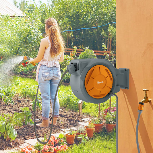 Fynco - Retractable Hose Reel Wall Mounted, 30+2m Garden Hose Pipe Reel with Lock, Auto Rewind, 7 in 1 Spray Nozzle, Includes Wall Fixings, 180° Swivel, Outdoor Watering, Orange