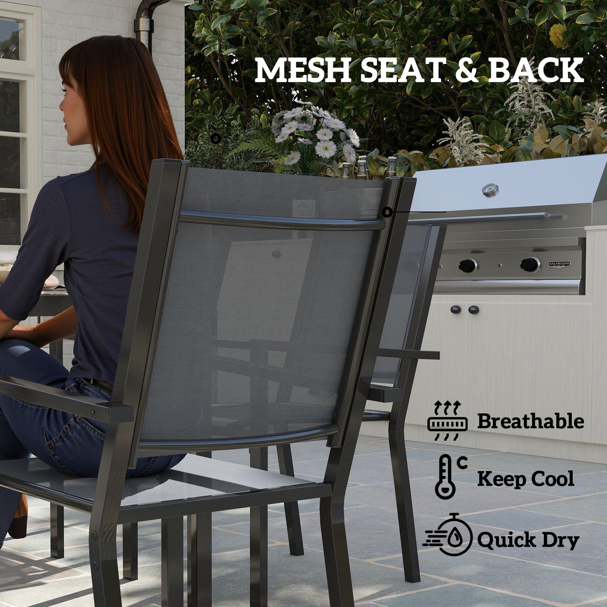 7 Piece Garden Dining Set, Outdoor Furniture Set with 6 Stackable Chairs and 150 cm Rectangle Table, WPC Slatted Top, Rust-Resistant Steel Frame, for Garden, Porch, Terrace