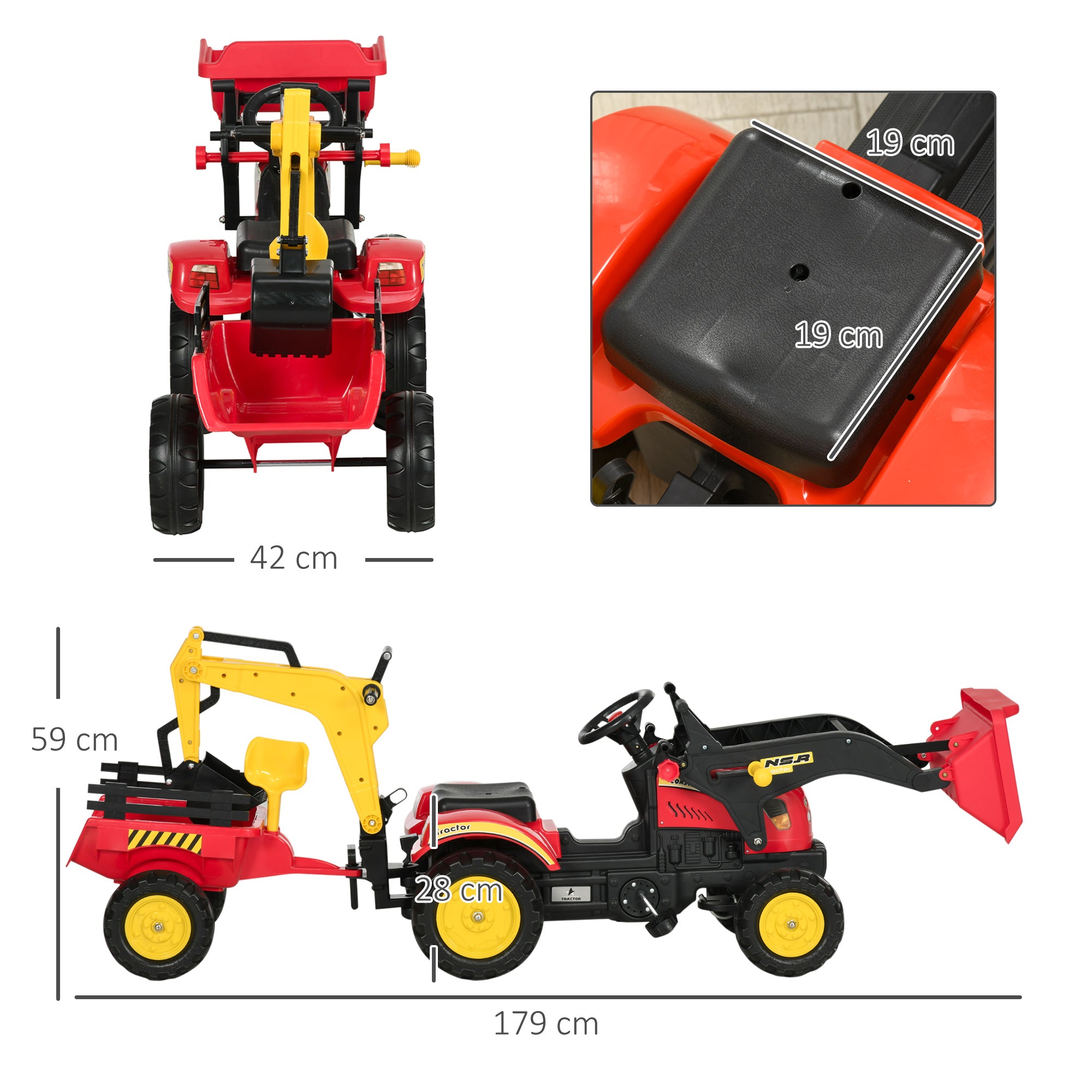 Kids Children Pedal Go Kart Ride On Toy Car Excavator Tractor w/ Moving Bucket Steering Wheel Removable Digger For 3 - 6 Years