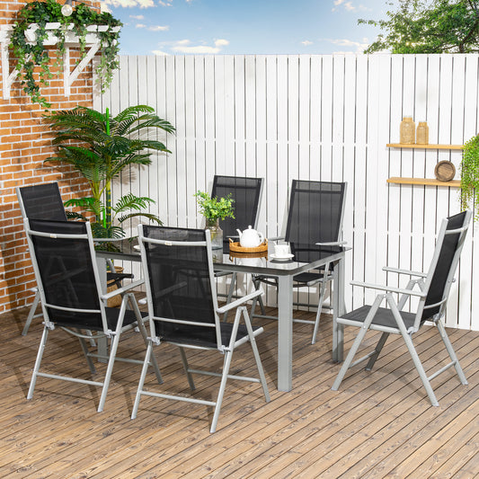 7 Piece Garden Dining Set, Outdoor Table and 6 Folding and Reclining Chairs, Aluminium Frame, Tempered Glass Top Table, Texteline Seats, Black