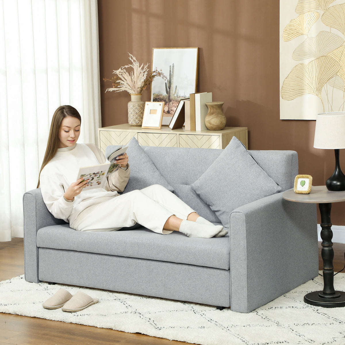 2 Seater Sofa Bed, Convertible Bed Settee, Modern Linen Loveseat Sofa Couch with 2 Cushions, Hidden Storage for Living Room, Guest Room, Light Grey