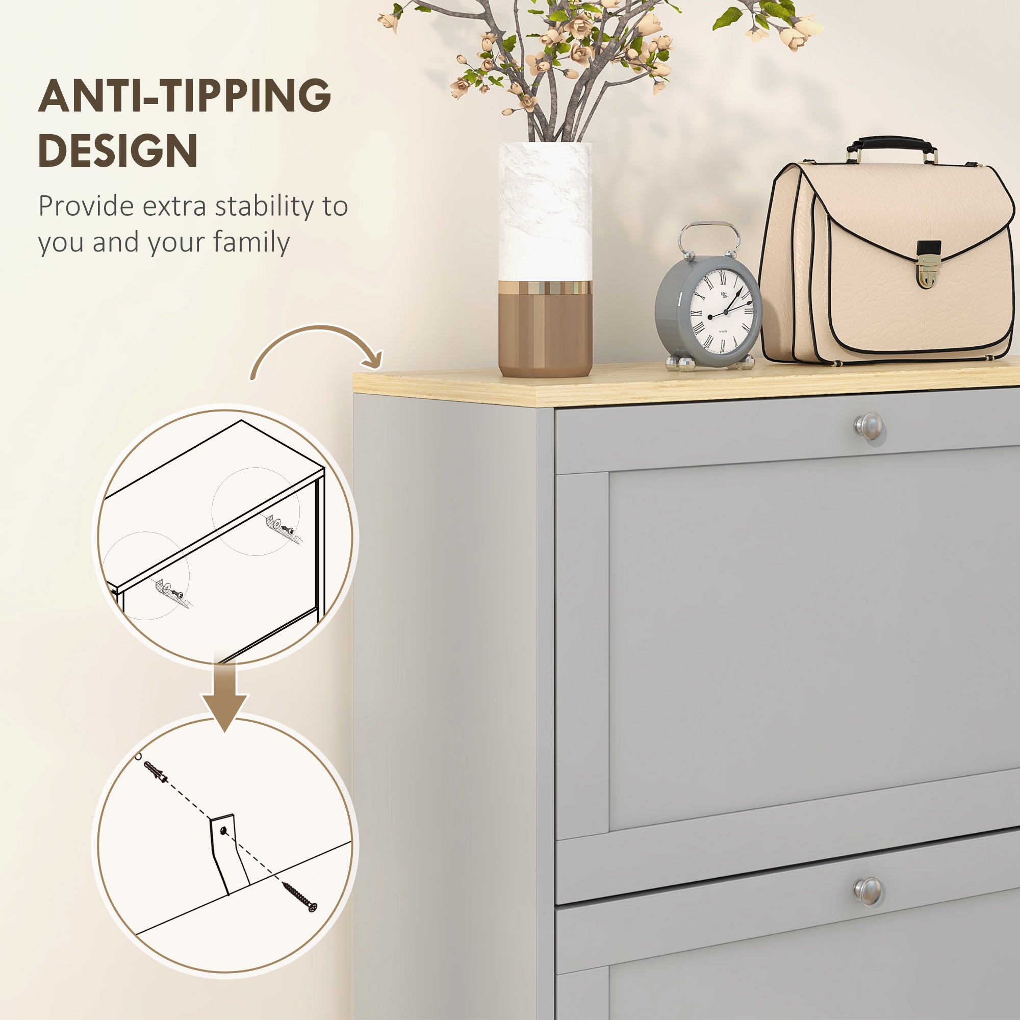 Fynco - Modern Compact Three-Drawer Shoe Storage Cabinet - Grey