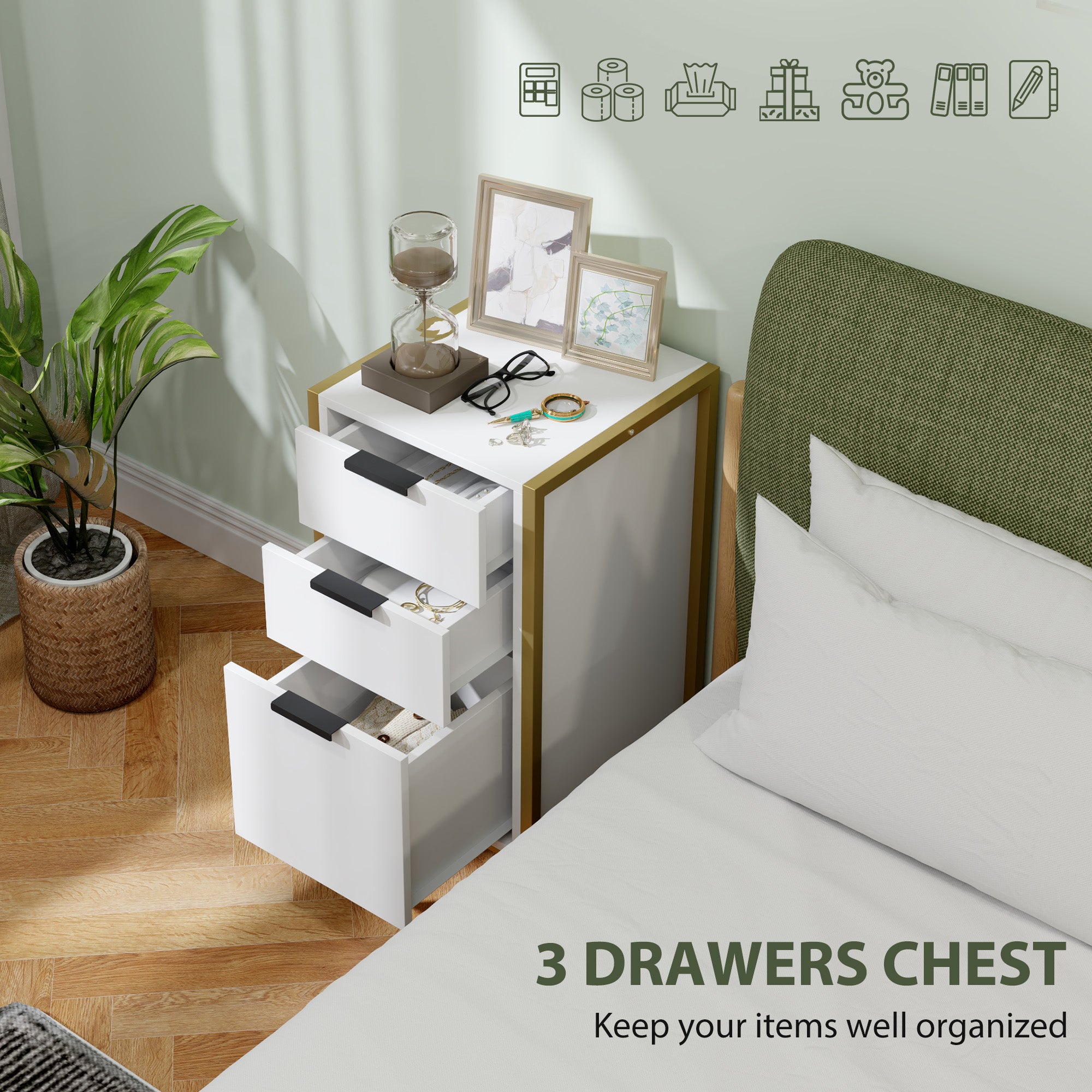 Bedroom Chest of Drawers, Industrial 3-Drawer Dresser, Storage Drawers Unit with Metal Frame for Living Room, White