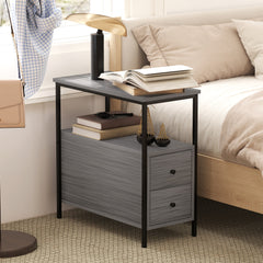 Side Table, Narrow Bedside Table with 2 Drawers and Storage Shelf, Industrial End Table with Metal Frame for Small Spaces, Grey Wood Grain