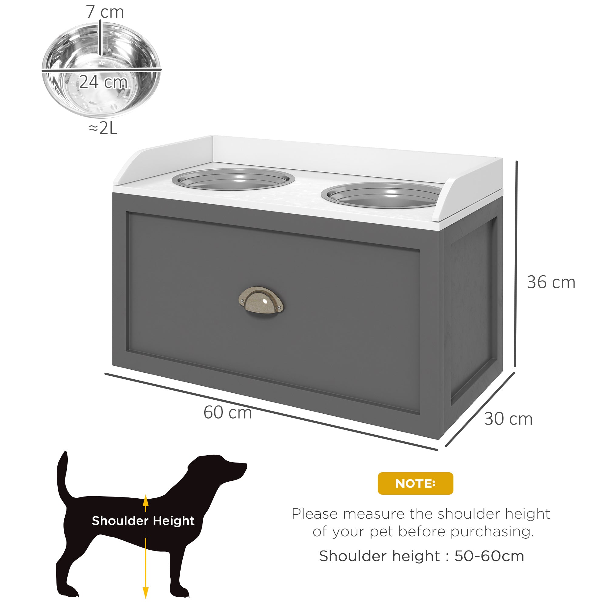 Stainless Steel Raised Dog Bowls, with 21L Storage Drawer for Large Dogs - Grey