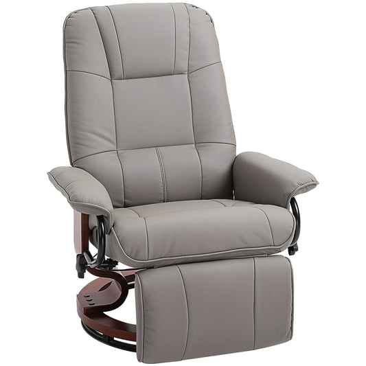 360° Swivel Recliner Chair with Footstool, Manual Recliner Armchair with Wooden Base, Faux Leather Upholstered Reclining Chair for Living Room, Bedroom, Office, Grey
