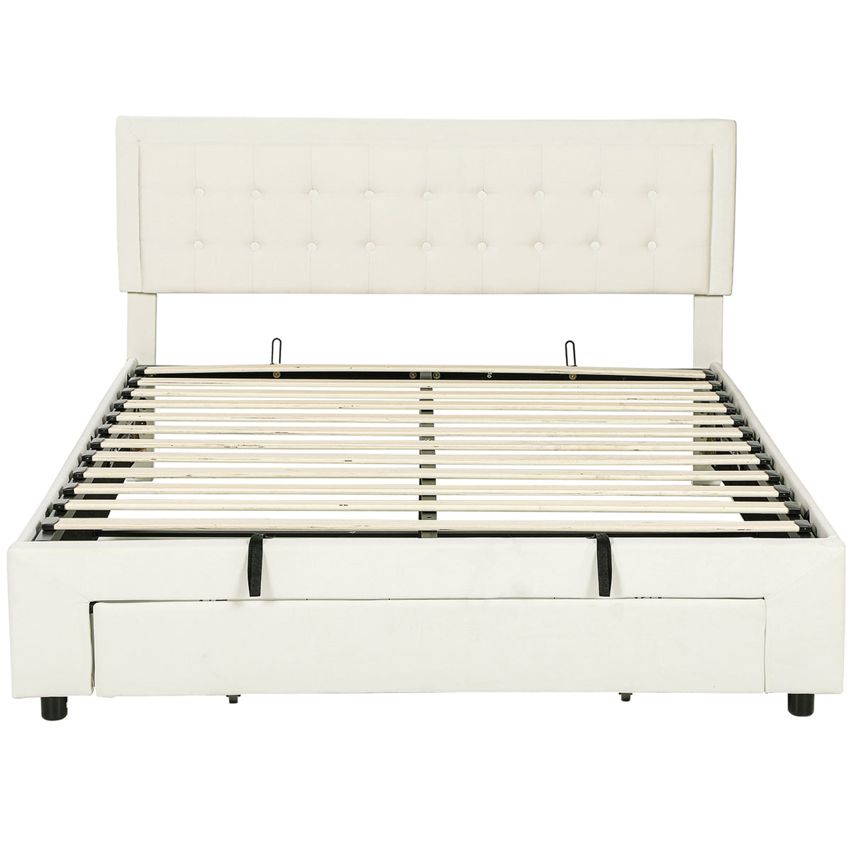 Fynco - King Size Ottoman Bed Frame, with Front Drawer - Cream