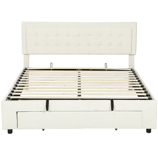 Fynco - King Size Ottoman Bed Frame, with Front Drawer - Cream