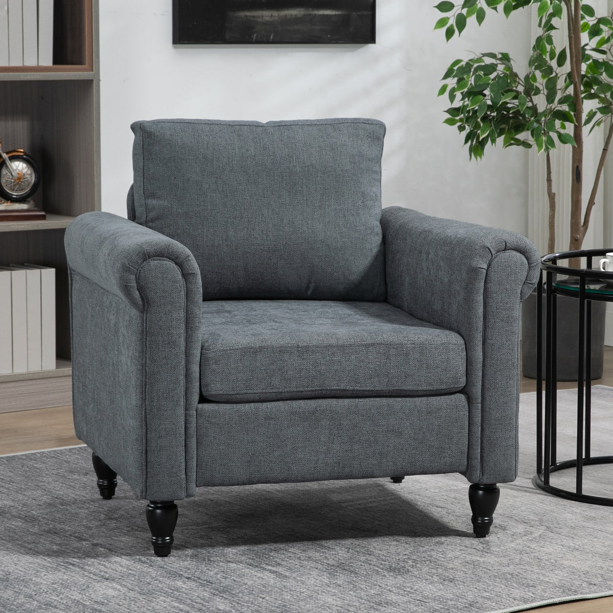 Vintage Accent Chair, Upholstered Occasional Chair with Back Pillow, Rolled Arms, Rubber Wood Legs, Grey