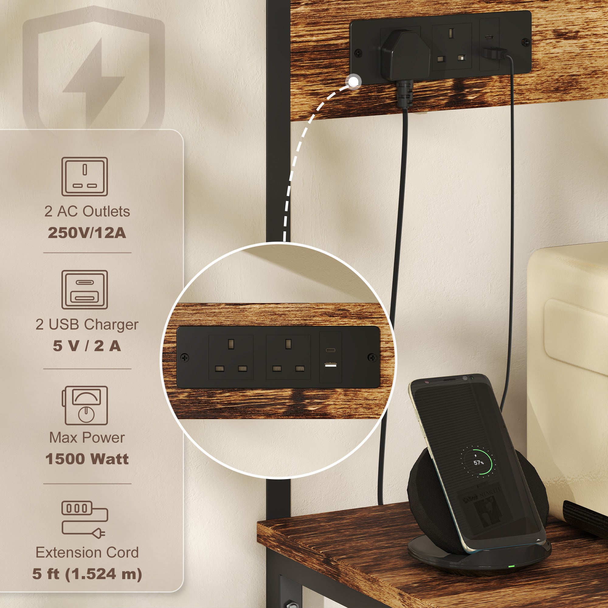 Fynco - Bakers Rack with Power Outlet, USB Charger, Microwave Stand with Adjustable Shelves, 5 Hooks for Small Spaces, Kitchen Storage Unit for Spices, Pots and Pans, Rustic Brown