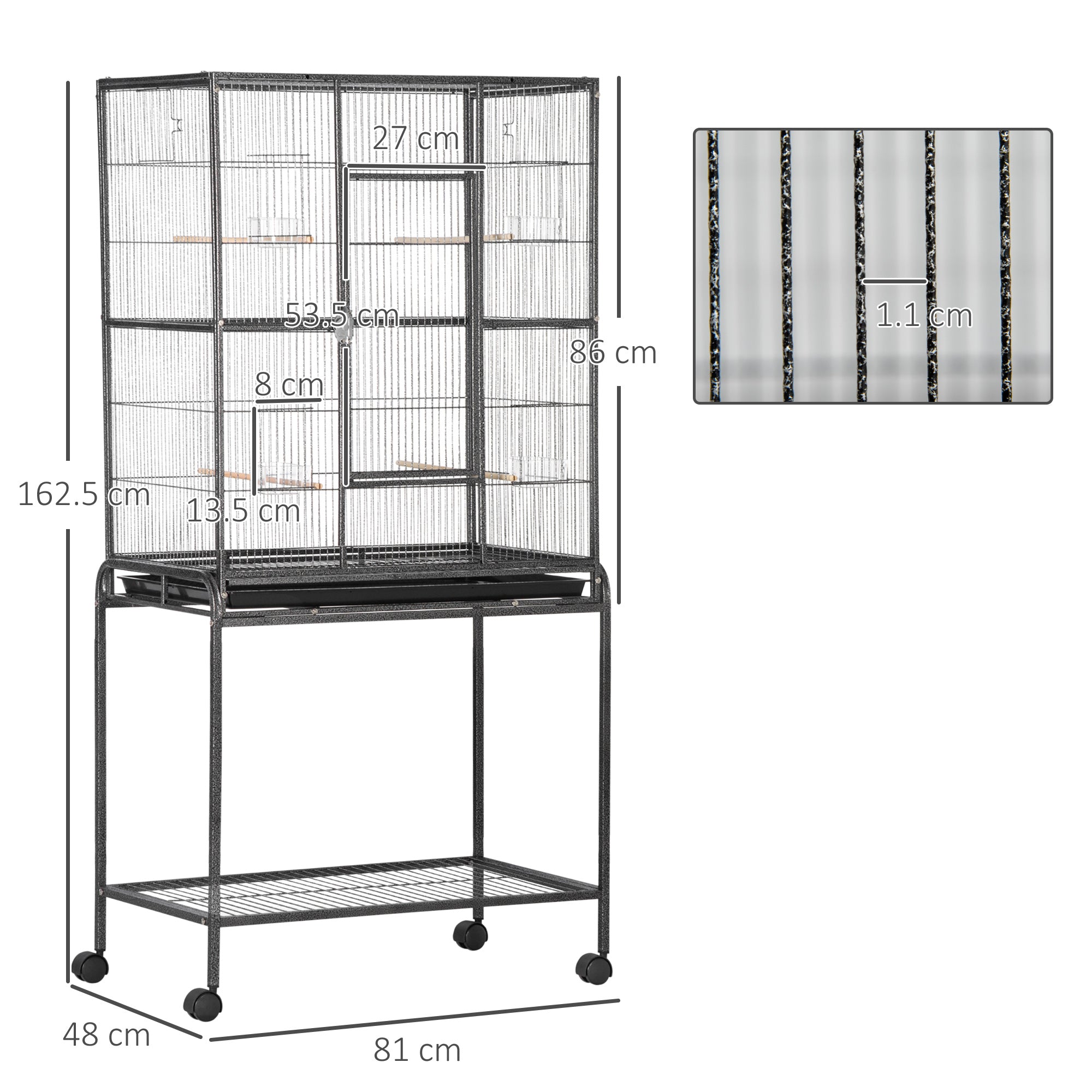 Large Bird Cage Budgie Cage with Stand, Storage Shelf, Wood Perch for Parrot Canary Parakeet Cockatiels, 81 x 48 x 162.5 cm