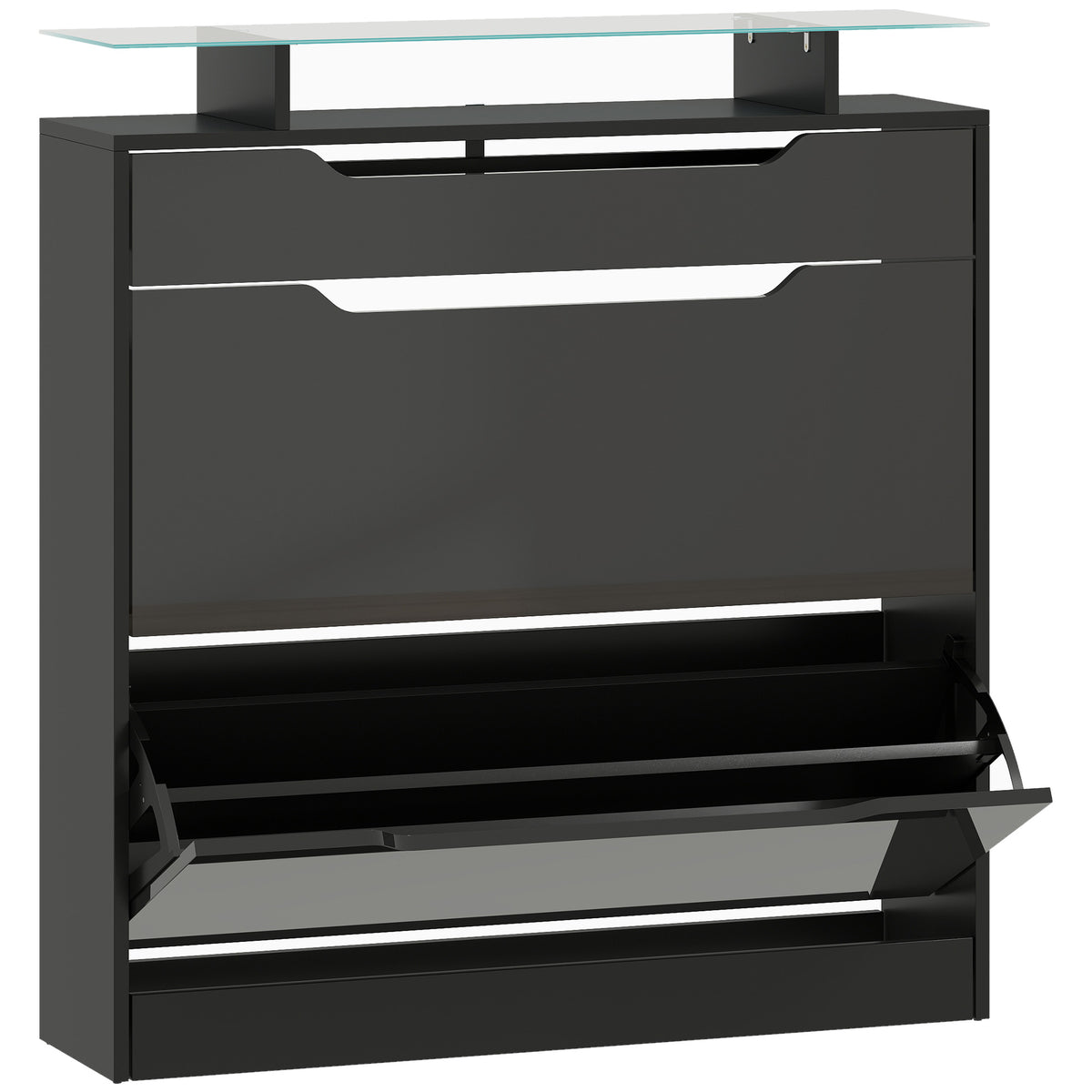 Fynco - Shoe Storage Cabinet with Slide Out Drawer, 2 Flip Doors, Tempered Glass Top - Black