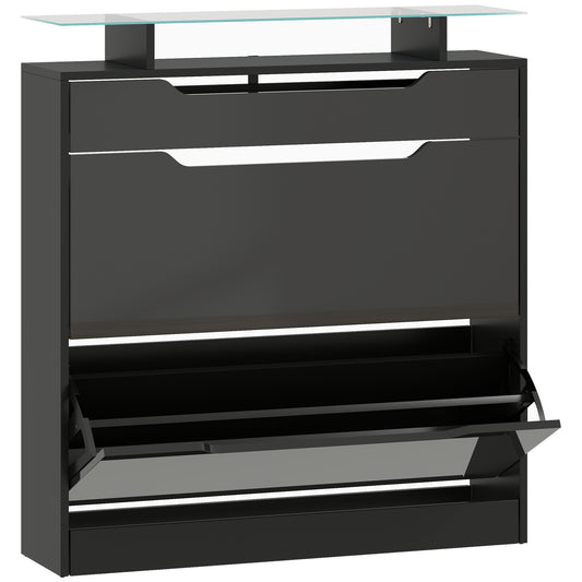 Fynco - Shoe Storage Cabinet with Slide Out Drawer, 2 Flip Doors, Tempered Glass Top - Black