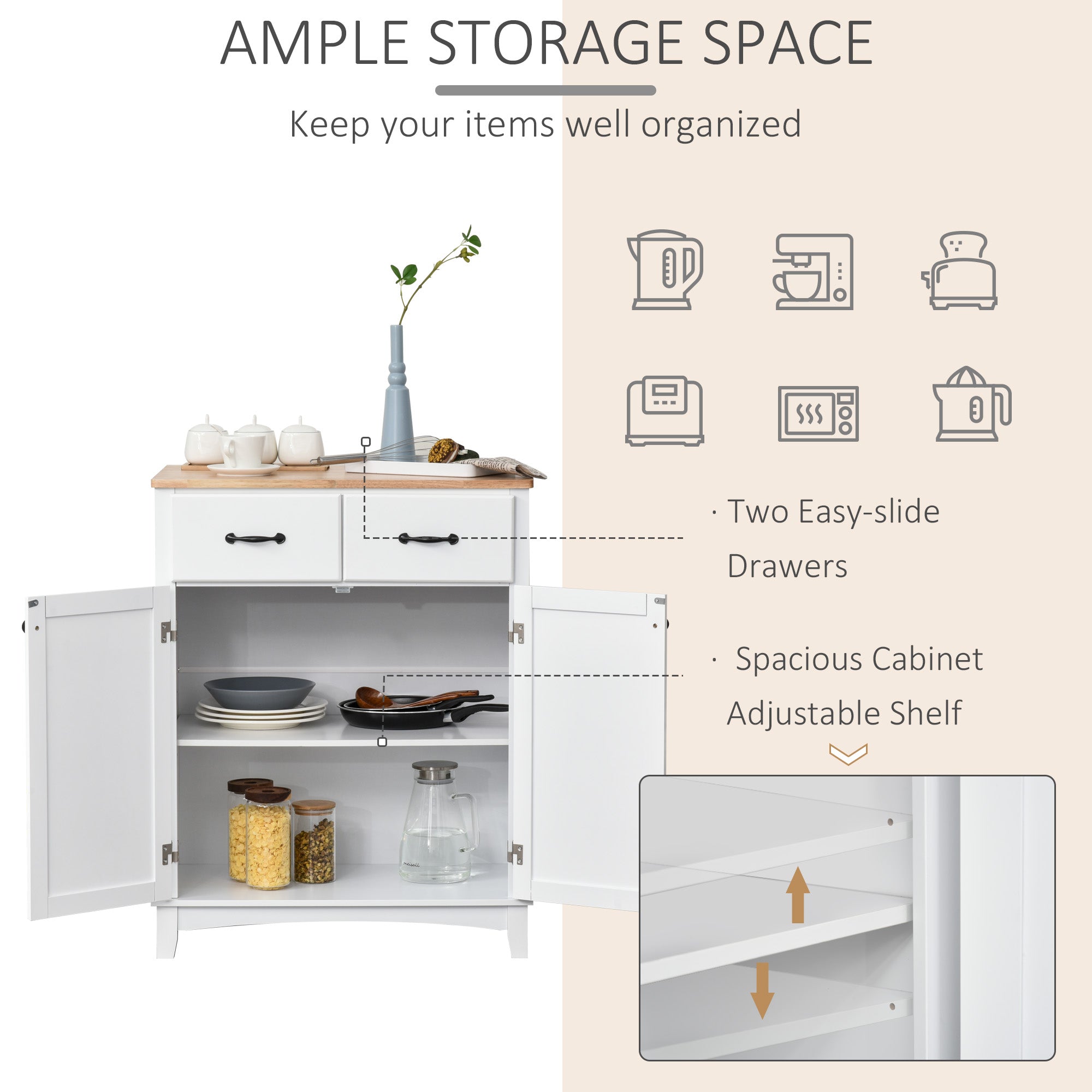 Modern Kitchen Cupboard, Wooden Storage Cabinet, Tableware Organizer with 2 Drawers for Living & Dining Room, White