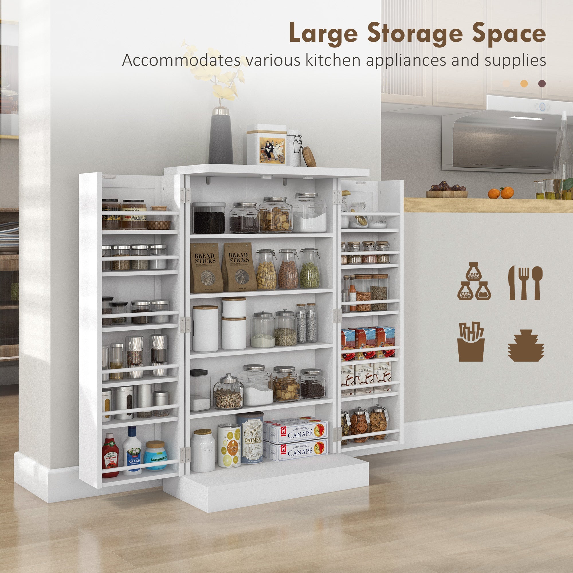 Freestanding Multi-Storage Kitchen Cupboard with Adjustable Shelves White