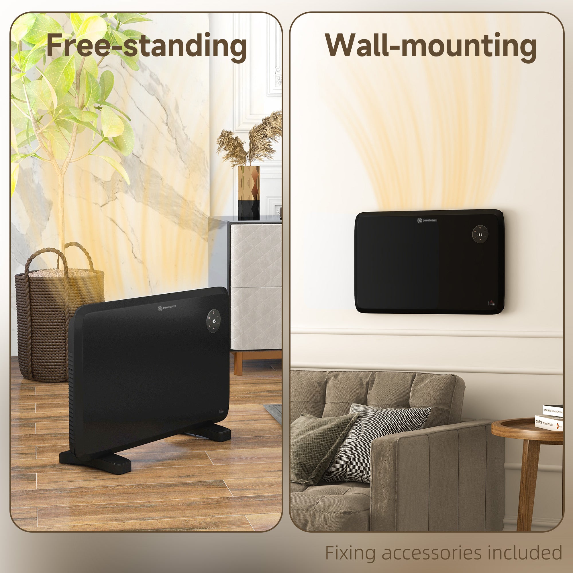 Fynco - 1.2kW Freestand/On-Wall Electric Convector Heater, with Adjustable Thermostat - Black