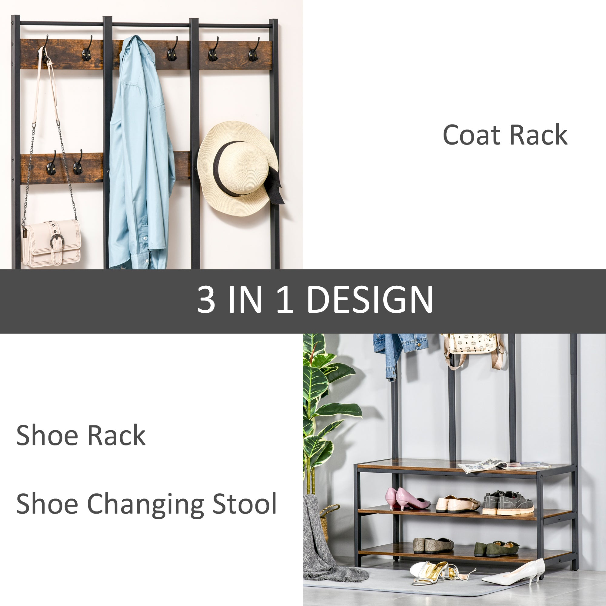 Coat Rack Stand, Free Standing Hall Tree, Coat Stand with Hooks, Bench and Shoe Rack, 100cm x 38.5cm x 185.5cm, Industrial Style, Rustic Brown and Black