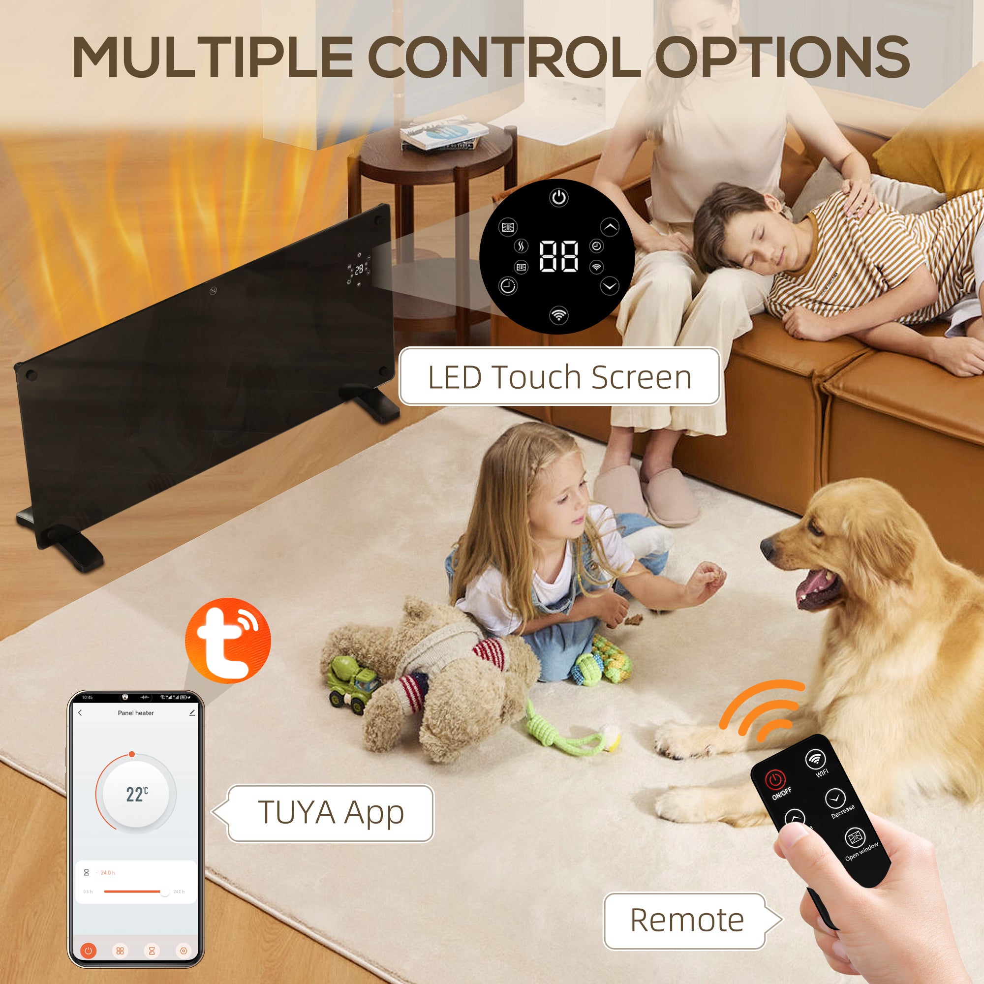 Fynco - Electric Heater Wifi Smart App, 2000W Glass Panel Heater Radiator, Freestanding or Wall Mounted Convector Space Heater with LED Display, 24Hr 7 Day Timer, Adjustable Thermostat, Remote Control