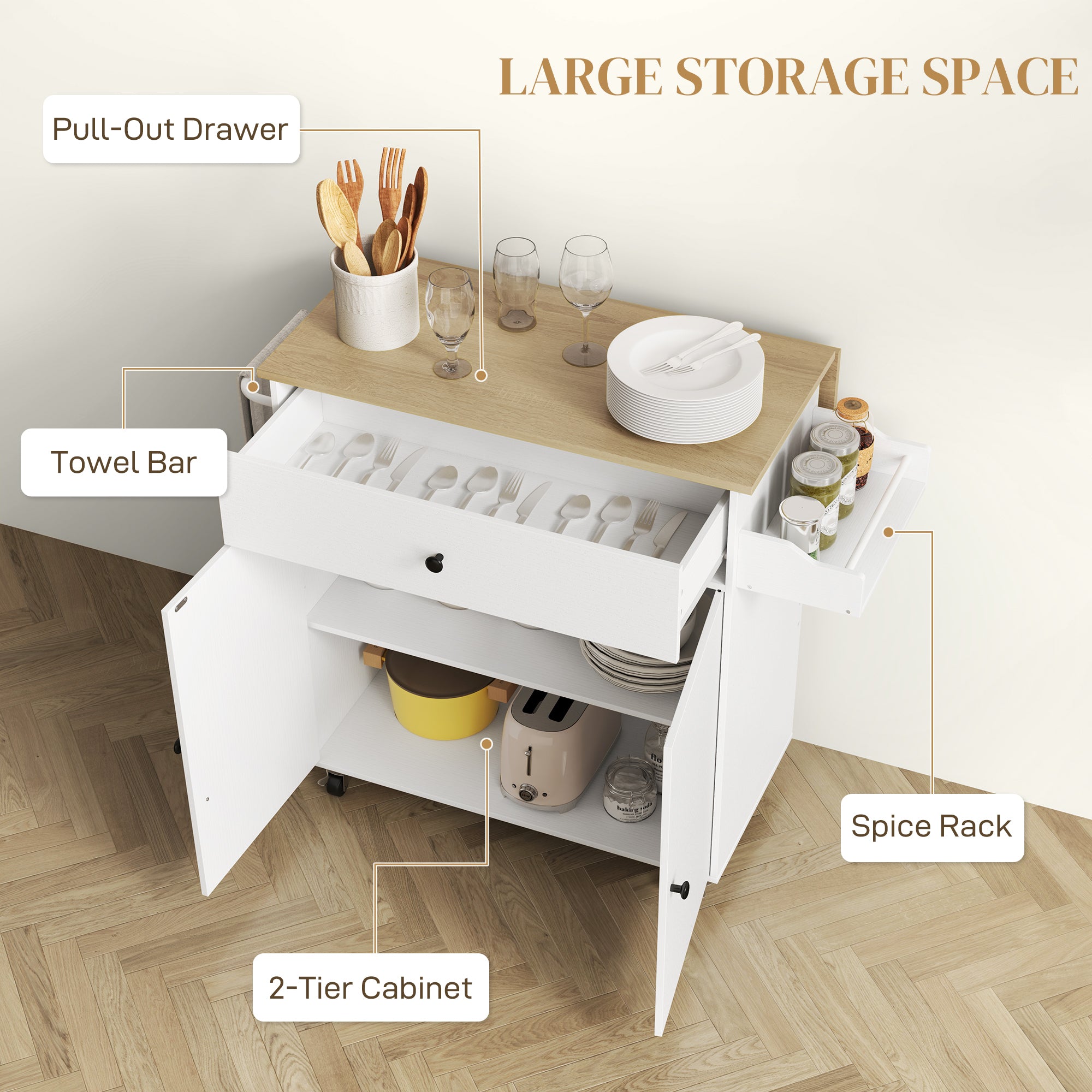 Fynco - Rolling Kitchen Island with Drop Leaf, Kitchen Storage Cart with Drawer, Spice Rack and Towel Rack, White