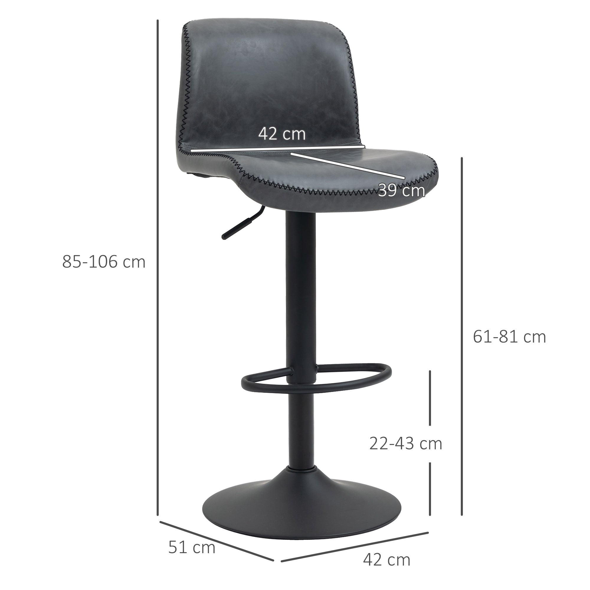 Set of 2 Bar Stool, Adjustable Height PU Leather Barstools with Swivel Seat and Footrest for Breakfast Bar, Kitchen and Home, Dark Grey