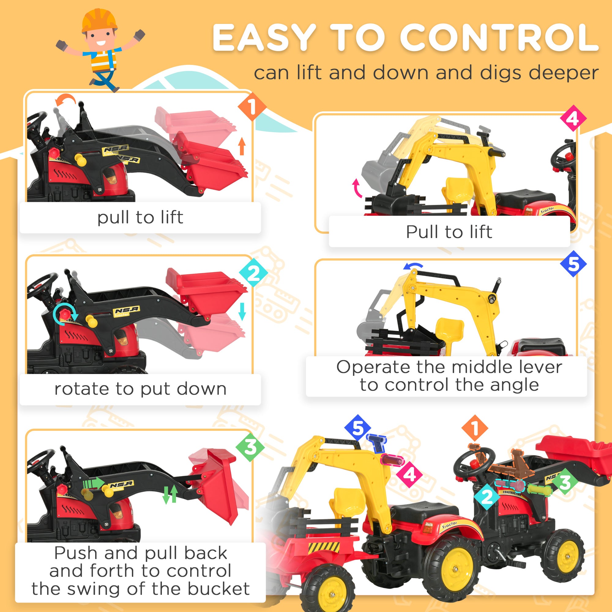 Kids Children Pedal Go Kart Ride On Toy Car Excavator Tractor w/ Moving Bucket Steering Wheel Removable Digger For 3 - 6 Years