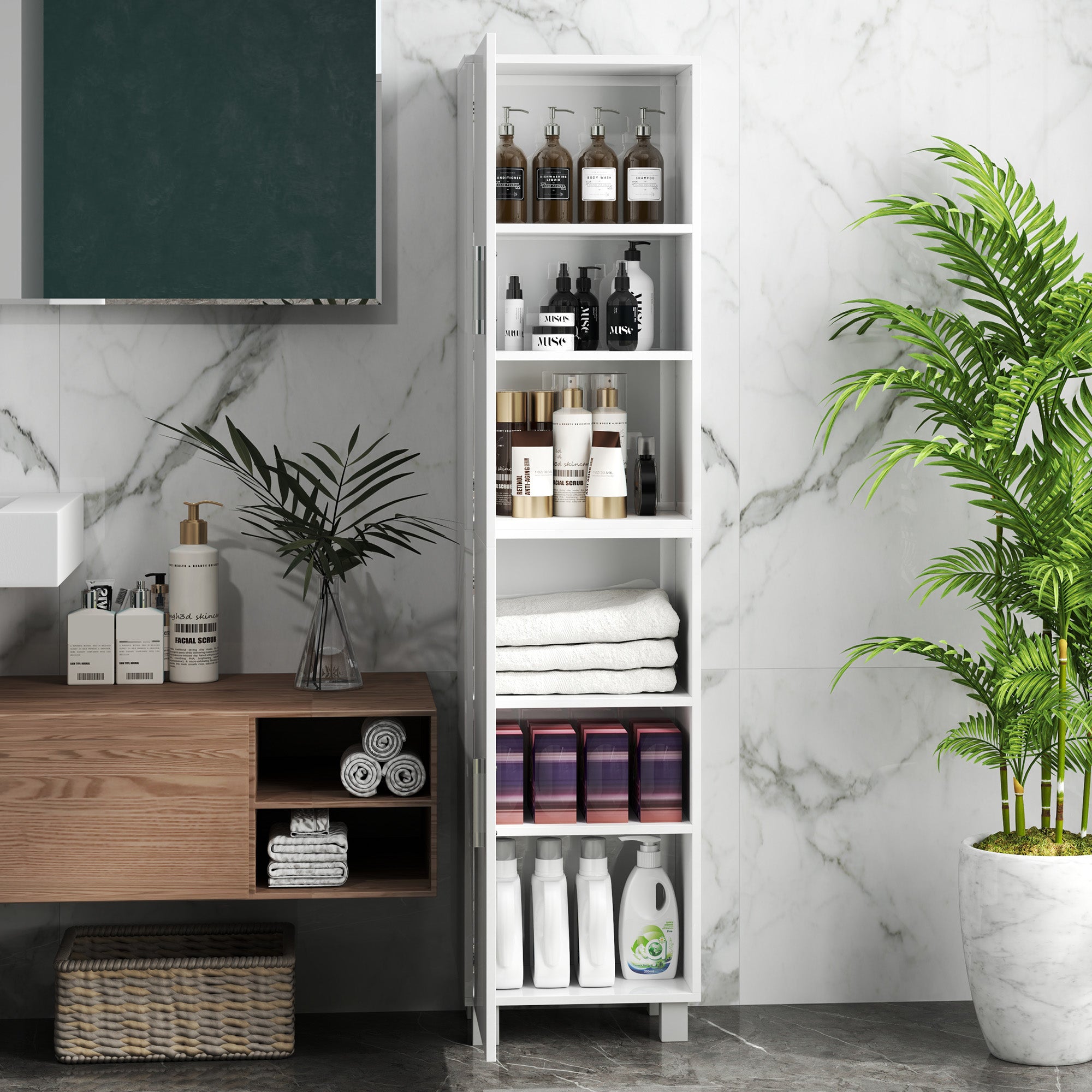 Fynco - Tall Bathroom Cabinet, Freestanding Bathroom Cabinet with Adjustable Shelves and Double Doors